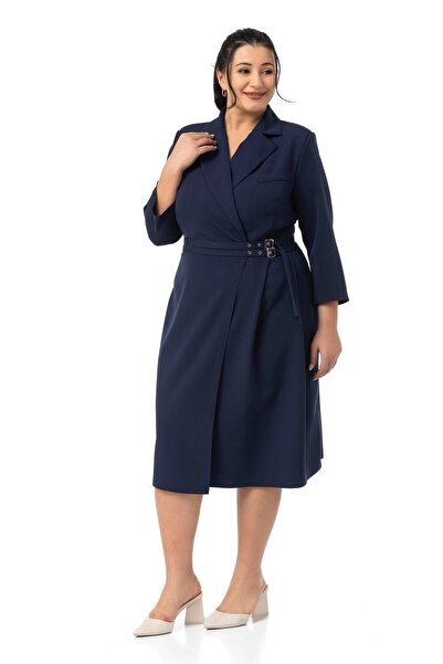 DISENTIS MODEST Plus Size Double Breasted Collar Three Quarter Sleeve Pleated Midi Navy Blue Dress