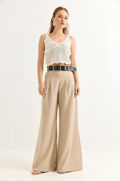 Raneel Kazançlı Alışveriş Linen Blend Palazzo Trousers Beige