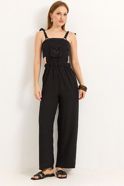 Raneel Kazançlı Alışveriş Aerobin Stylish Slopet Black Jumpsuit with Front Pocket