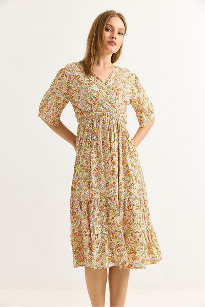 Raneel Kazançlı Alışveriş Double Breasted Collar Gathered Waist Midi Dress Mixed