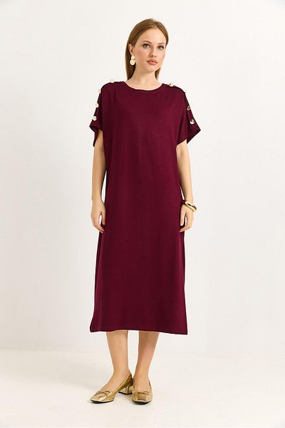 Raneel Kazançlı Alışveriş Shoulder Button Detailed Flowing Dress Burgundy