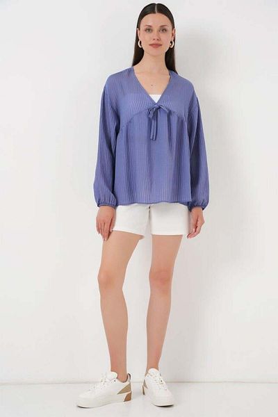 Aymood Front Lace Long Sleeve Blouse 946 - Indigo