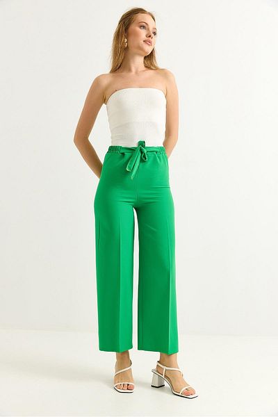 Raneel Kazançlı Alışveriş Waist Belted Wide Leg Crepe Trousers Green