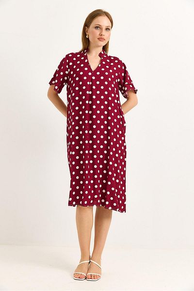 Raneel Kazançlı Alışveriş V-Neck Pleat Detailed Comfortable Fit Woven Viscose Dress Burgundy