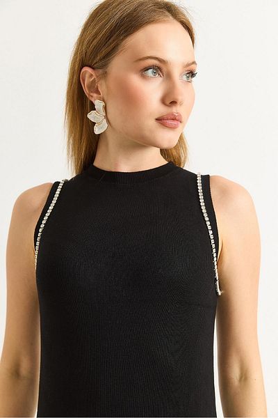 Raneel Kazançlı Alışveriş Black Dress with Stone Embroidered Shoulders