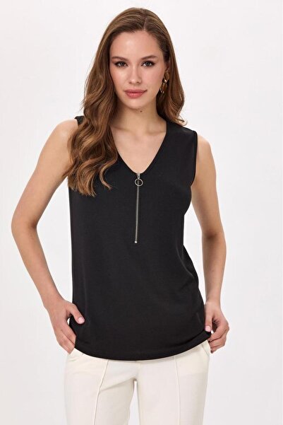 İKİLER V Yaka Önü Fermuarlı Kolsuz Bluz 025-1008