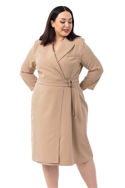 DISENTIS MODEST Plus Size Double Breasted Collar Three Quarter Sleeve Pleated Midi Mink Dress