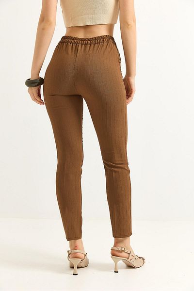 Raneel Kazançlı Alışveriş Elastic Waist Stripe Patterned Crepe Trousers Brown