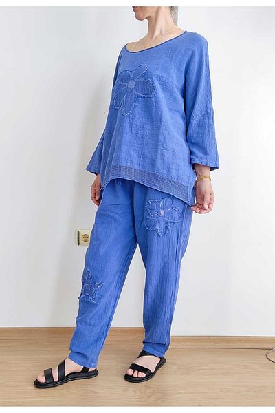 EKAY Blue Applique Sleeves and Hem Ends Mesh Detail Loose 100% Cotton Oversize Blouse and Pants Set
