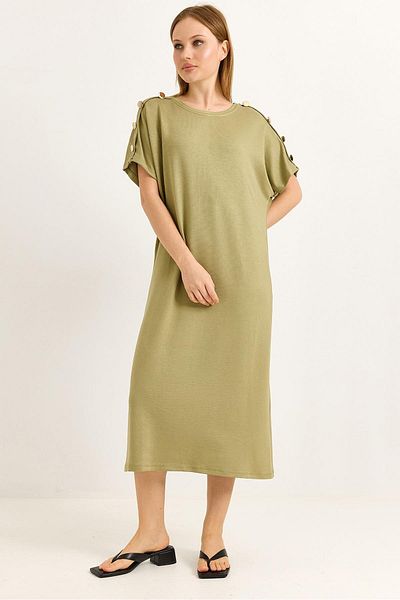 Raneel Kazançlı Alışveriş Shoulder Button Detailed Flowing Dress Green