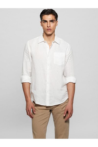 Guess Λευκό απλό ανδρικό πουκάμισο - M2YH44WERX0G011_LS ISLAND LINEN SHI