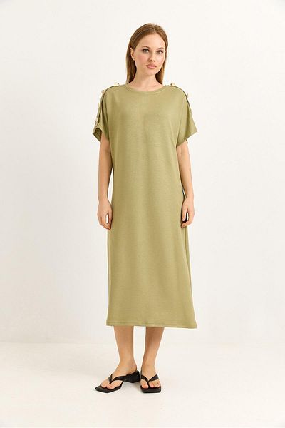 Raneel Kazançlı Alışveriş Shoulder Button Detailed Flowing Dress Green