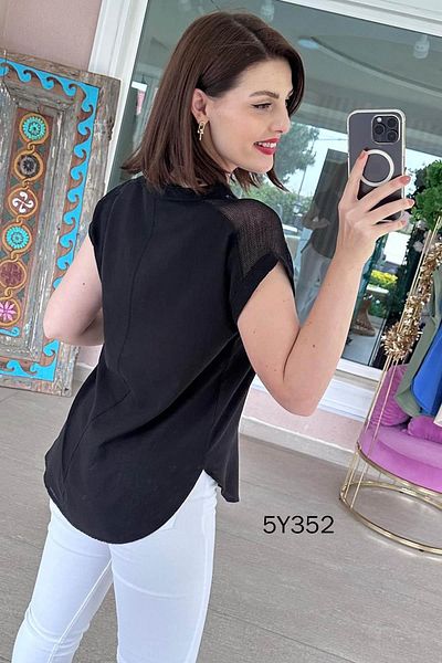 İnce Topuk Mesh Detail Cotton Linen Blouse 5Y352