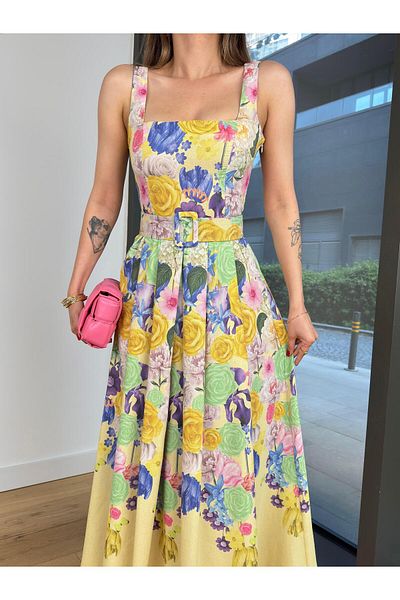 modaçelikler Thick Strap Square Neck Aranda Yellow Women's Dress with Belt 25Y366