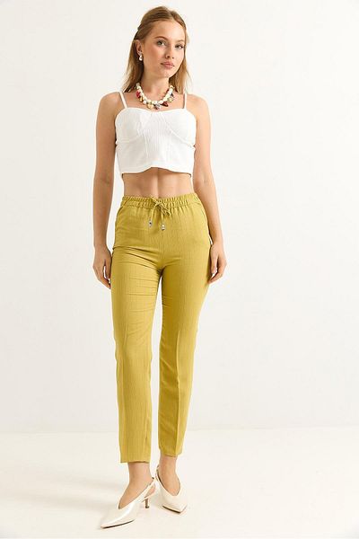 Raneel Kazançlı Alışveriş Elastic Waist Stripe Patterned Crepe Trousers Yellow