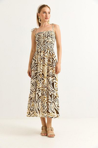 Raneel Kazançlı Alışveriş Chest Gathered Patterned Long Dress with Rope Strap Cream