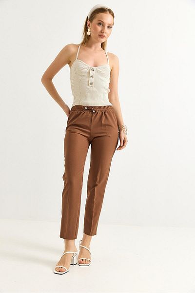 Raneel Kazançlı Alışveriş Elastic Waist Short Leg Double Crepe Trousers Brown