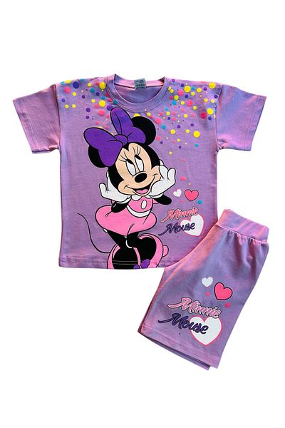 YUMİYUMM Girl's Character Printed Purple Shorts Suit