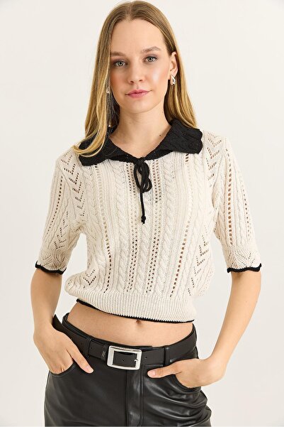 Raneel Kazançlı Alışveriş Polo Neck Openwork Knitwear Blouse Beige