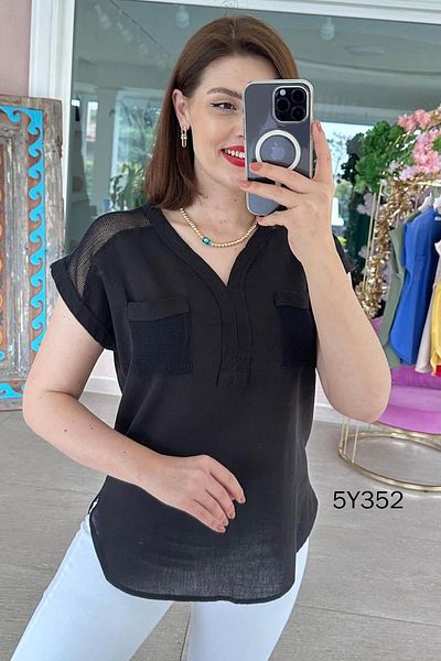 İnce Topuk Mesh Detail Cotton Linen Blouse 5Y352