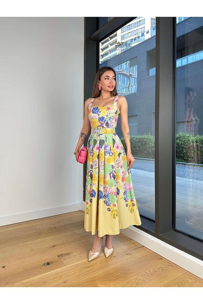 modaçelikler Thick Strap Square Neck Aranda Yellow Women's Dress with Belt 25Y366