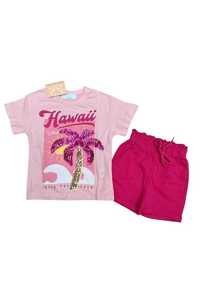 2Friends Hawaii Vibes Palm Tree Printed Pink Sequined Tshirt Shorts Set