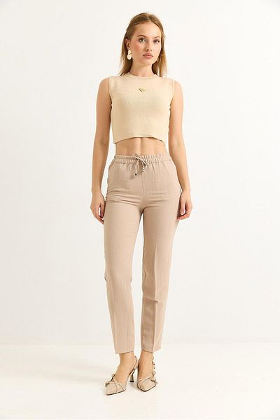 Raneel Kazançlı Alışveriş Elastic Waist Stripe Patterned Crepe Trousers Mink