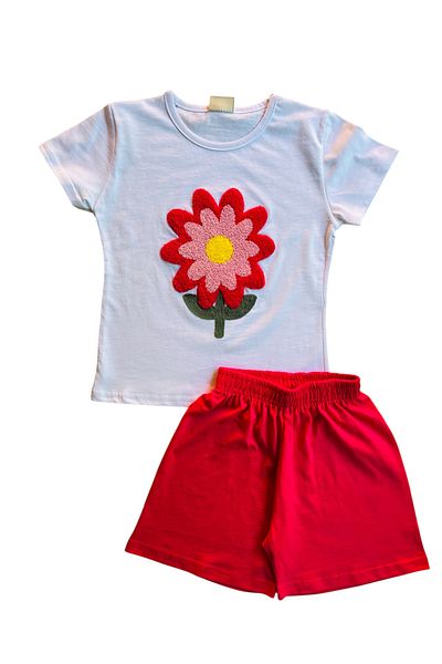 YUMİYUMM Girl's White-Fuchsia Daisy Patterned Shorts Set