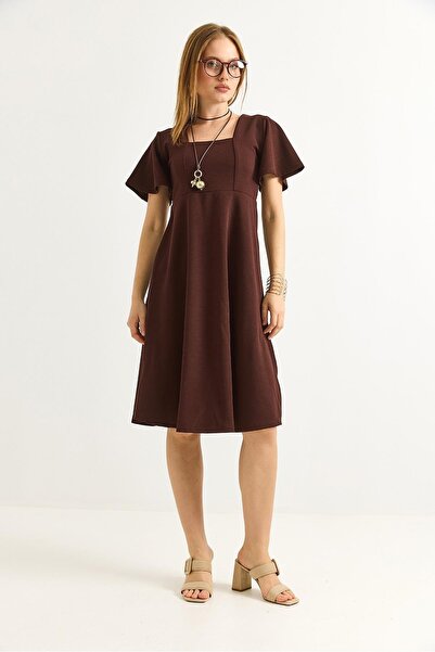 Raneel Kazançlı Alışveriş Square Neck Midi Dress Brown