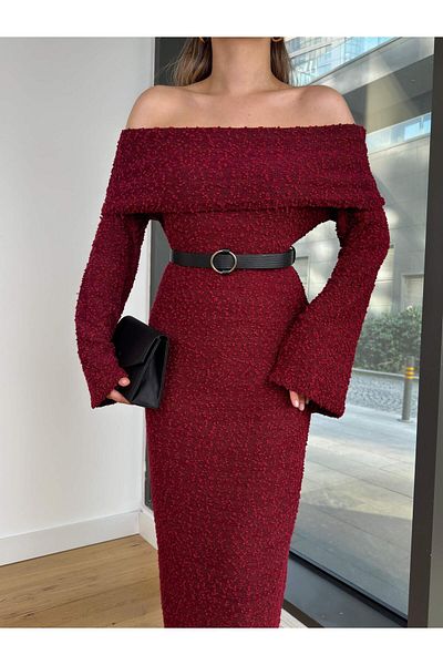 modaçelikler Madonna Collar Long Sleeve Milenko Burgundy Women's Knitwear Dress 25K207