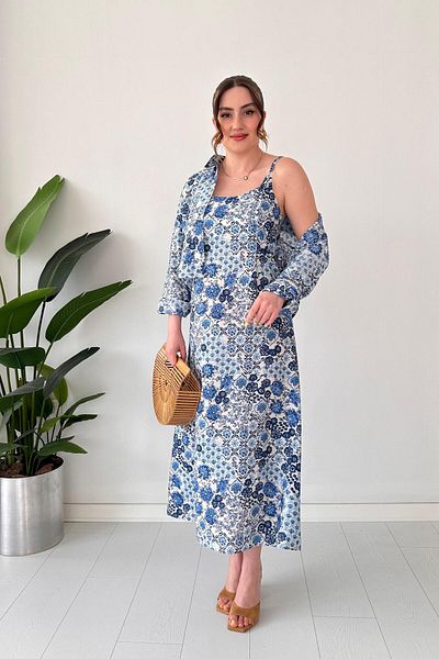 MaziButik Set rochie cămașă cu model albastru