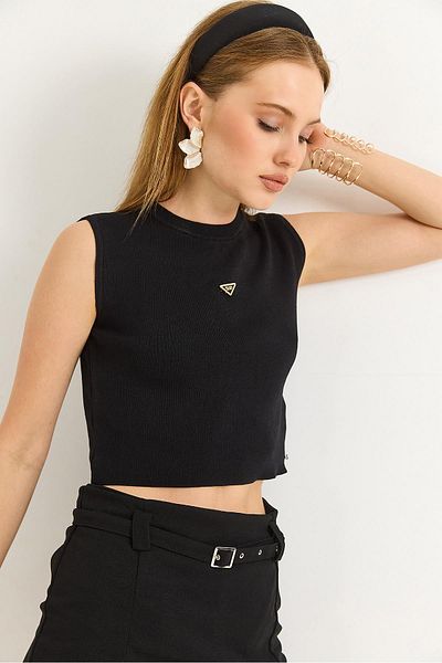 Raneel Kazançlı Alışveriş Μπλούζα Crew Neck Zero Sleeve Crop Μαύρη
