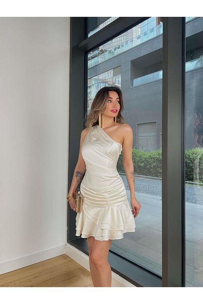 modaçelikler One Shoulder Draped Ellinda Ecru Women's Satin Mini Dress 25Y361