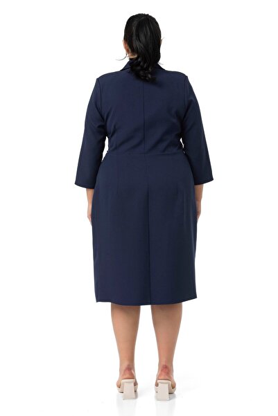 DISENTIS MODEST Plus Size Double Breasted Collar Three Quarter Sleeve Pleated Midi Navy Blue Dress
