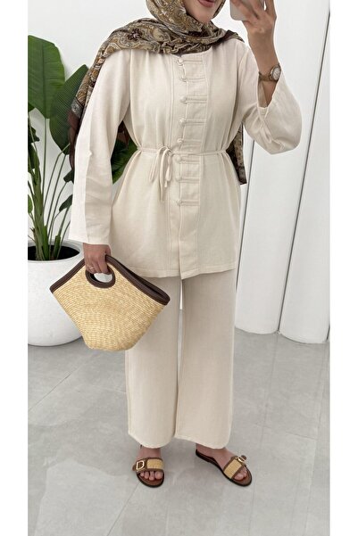 Miraydın Butik Women's Button and Belt Detailed Linen Suit M15809 - Beige