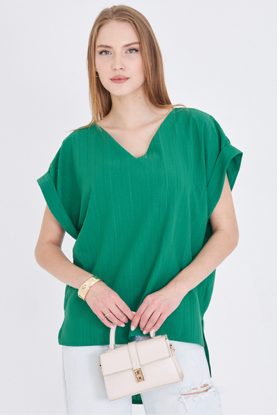 armonika Women's Dark Green V-Neck Oversize Blouse with Side Slits and Long Double Sleeve Detail on the Back Arm-24Y001074