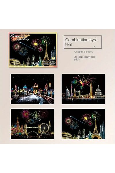 Choice European building Night Scene Scratch Art Urban Landscape Architecture Clip Art 4PCS Postcard Style