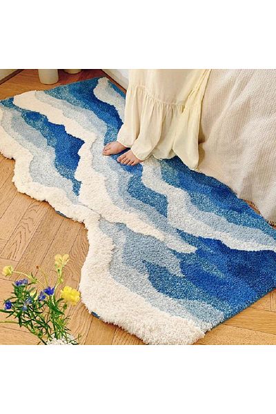 Choice 70X160CM Blue Sea Wave Flocking Rug Bedroom Rug Corridor Area Floor Pad Mat Doormat Aesthetic Home D