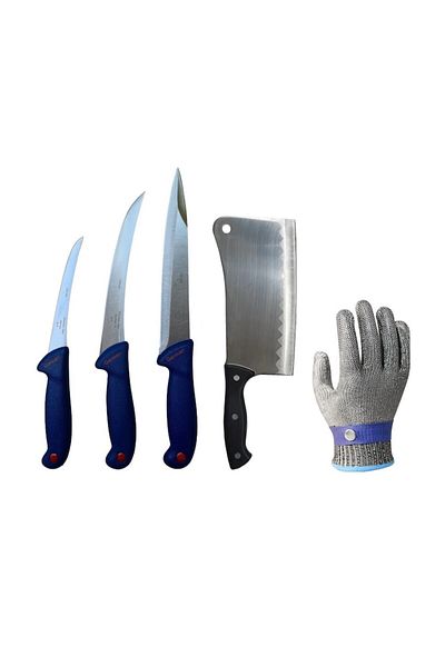 Globalport Retail Set 3 cuțite inox macelarie: dezosat, filetat, înjunghiat + satar 800g + mănușă anti-tăiere XL