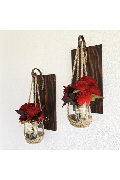 Generic Brand Wall Decoration, Led Lighted, Red Seaweed Flower, Walnut Sconce Set of Two