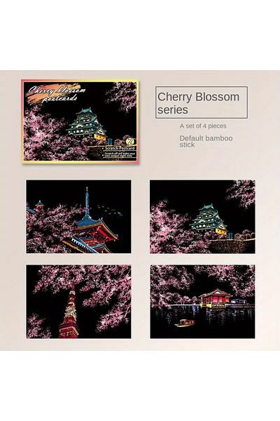 Choice Cherry blossoms Night Scene Scratch Art Urban Landscape Architecture Clip Art 4PCS Postcard Style Co