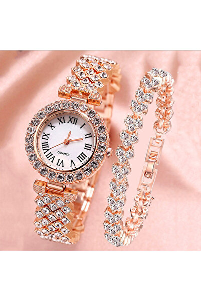 Choice ساعة يد نسائية فاخرة مرصعة بأحجار الراين من الذهب الوردي، قطعتين، ساعة يد أنيقة من الكوارتز والألماس
