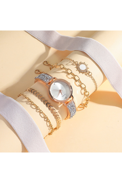 Choice ساعة كوارتز بحزام فولاذي أبيض أنيق وبسيط مع مينا فراشة مزينة بنقاط ألماس وكريستال + ساعة SUNFLOW