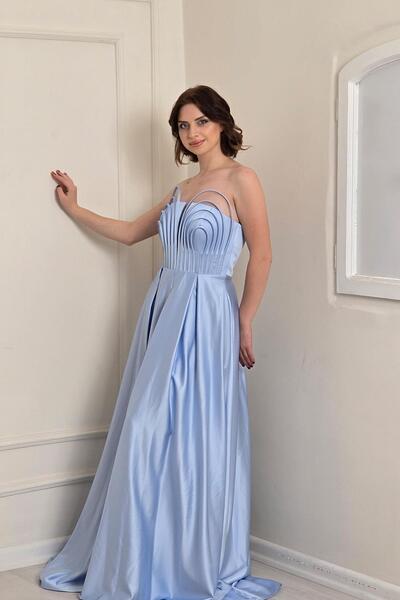 Yonca Moda Evi BEBE MAVİSİ Biyeli Saten Abiye 7400