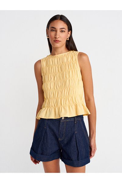Dilvin 50845 Sleeveless Crop Blouse-Yellow