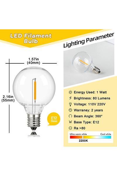 Choice 1w Yes E12 220V G40 PET bulb 25PCS PET G40 Globe Led Filament Lamp Bulb E12 Base 110V 220V 2200K Dim