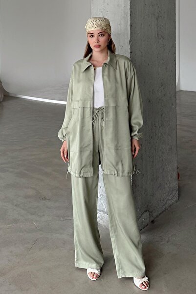 Olcay Zipper Detailed Double Liyosell Suit Light Green 9349-Tk