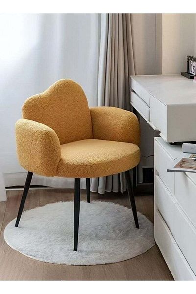 Taimi Boucle Fabric Chair with Arms, Comfortable Backrest and Metal Legs, Makeup Chair - Brown