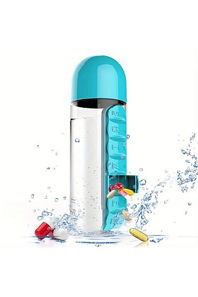 Choice Blue Portable Water Bottle With Built-in Pill Box for Medicines, Vitamins, Perfect for Outdoor, Gym,
