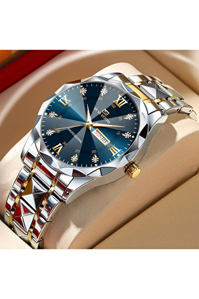 Choice ساعة رجالية 2733L-SAN-TZ فاخرة مرصعة بالألماس ومتوهجة في الليل بتقويم مزدوج وحركة كوارتز 41 مم باللون الأزرق الذهبي